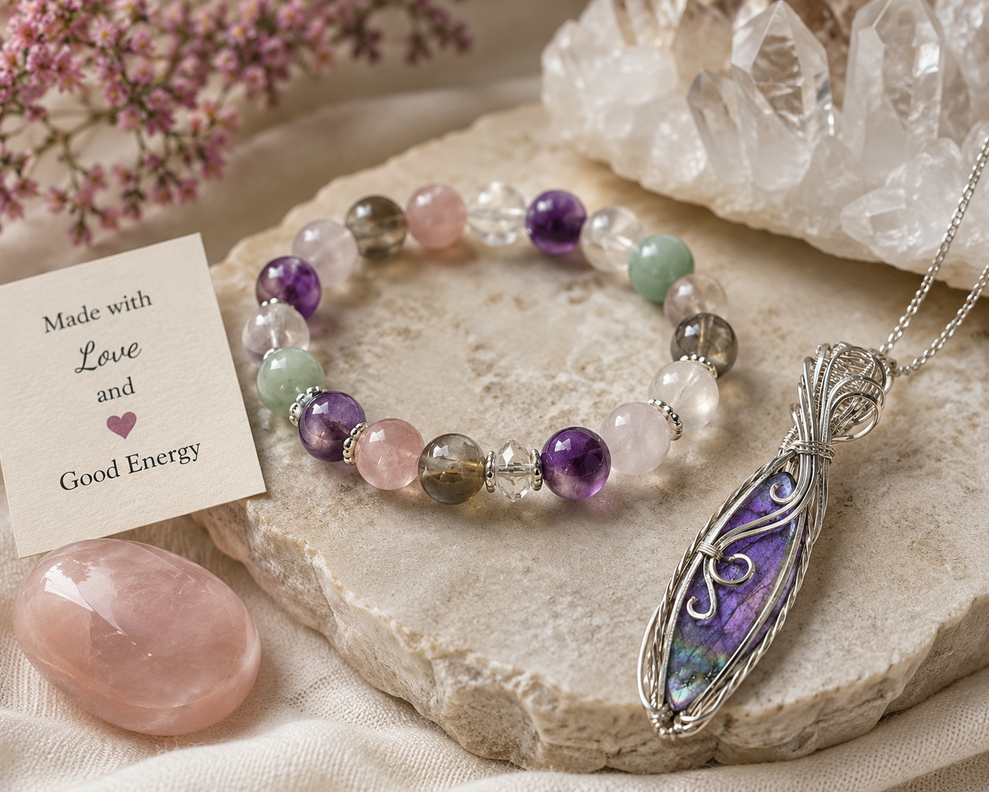 Handmade crystal jewelry featuring a wire-wrapped labradorite pendant and gemstone bracelet by Tranquil Soul Crystal Boutique