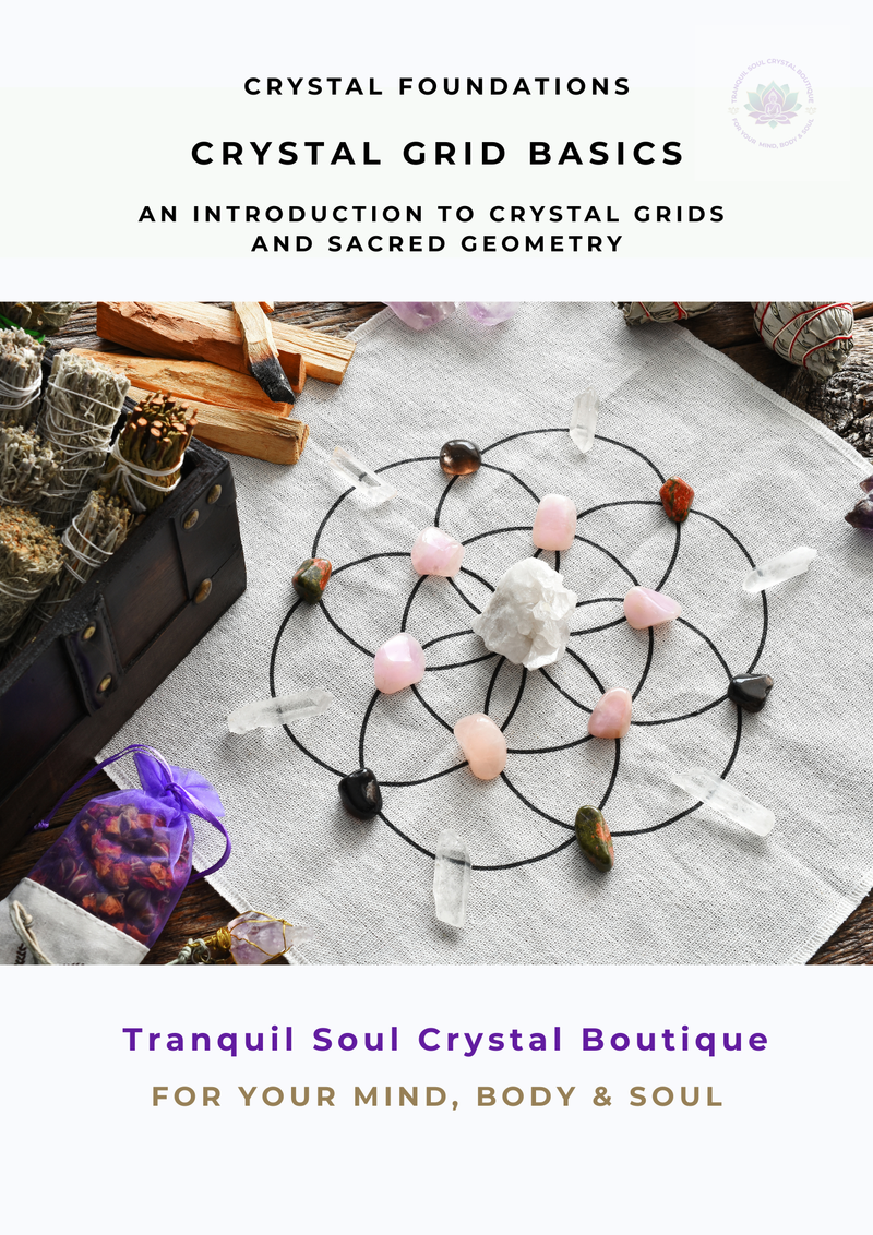 Crystal grid setup with crystals on a white cloth, surrounded by tools and books, with text about crystal grids and sacred geometry.