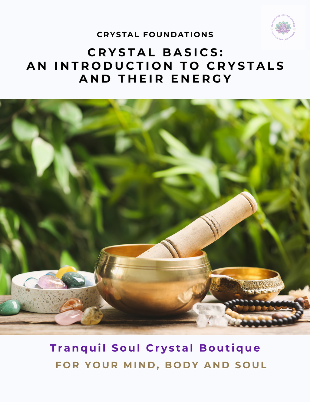 Book cover of 'Crystal Basics: An Introduction to Crystals and Their Energy' by Tranquil Soul Crystal Boutique with a crystal bowl and stones on a natural background.