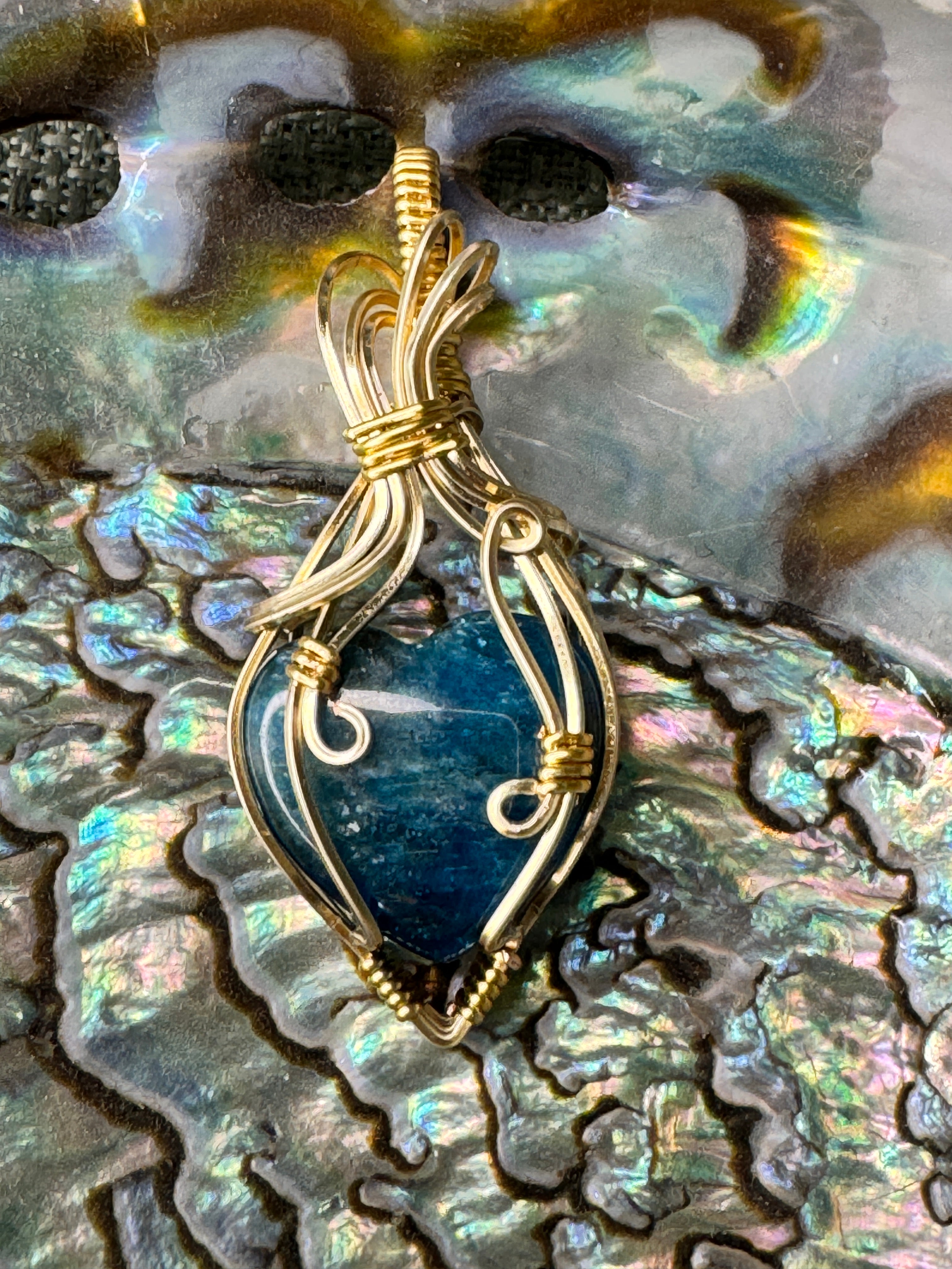 Blue Apatite in Gold and Silver over pure Copper Wire Wrap