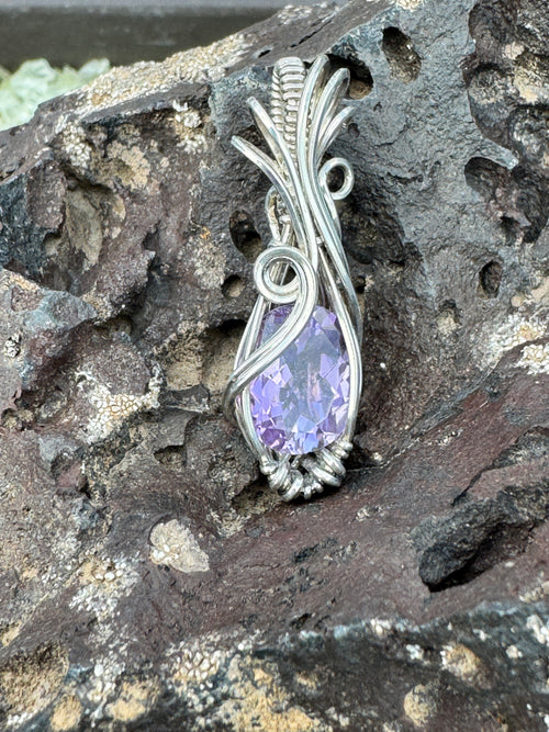 Faceted Amethyst in Sterling Silver Wire Wrapped Pendant