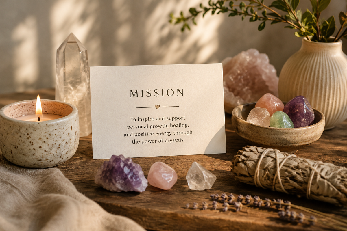 Mission statement with crystals, candle, white sage bundle and calming natural décor