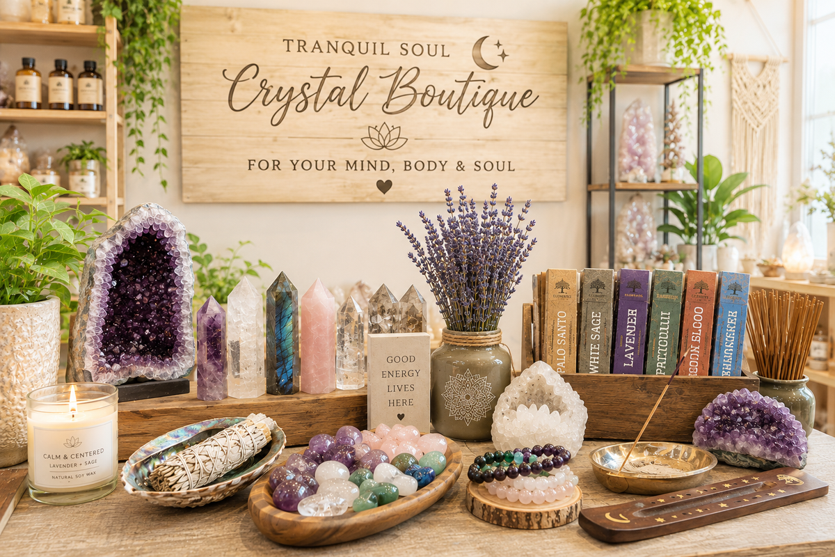 Shop Tranquil Soul Crystal Boutique for crystals, handmade wire-wrapped pendants and earrings, bracelets, incense and mindful spiritual essentials